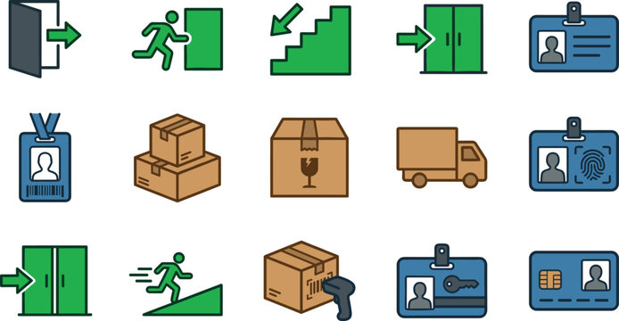 Business Operations and Logistics Icon Set with Delivery Packaging Security Access Control Identification Cards and Warehouse Management Symbols Collection