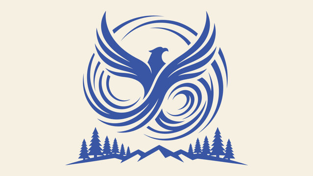 Blue eagle vector logo with infinity swirl design above mountains and pine trees forest