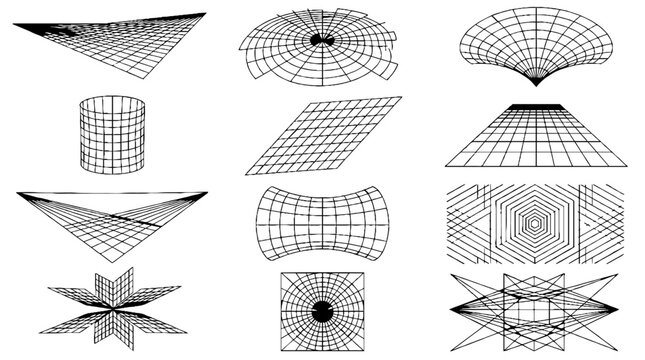 Collection of black and white geometric wireframe shapes and mathematical grid patterns.