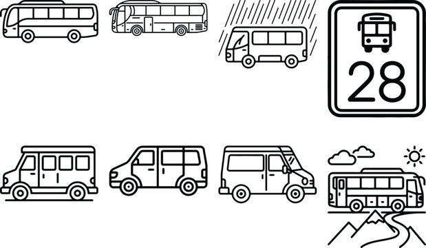 Mini bus line icon and modern urban shuttle van passenger vehicle transport vector.