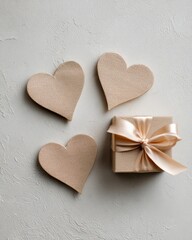 Obraz premium Minimal flat lay for Valentine's Day with heart shapes and a gift box on a clean background
