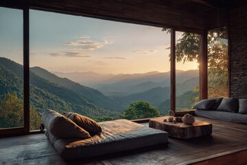Fototapeta premium Sunrise view from eco lodge with mountains and natural interior in morning light