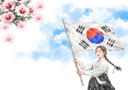 Illustration of a young Korean woman wearing hanbok celebrating Liberation Day with Taegeukgi, the national flag of the Republic of Korea