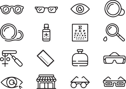 Minimalist black and white vector graphic icon set displaying various optometry and ophthalmology related equipment items