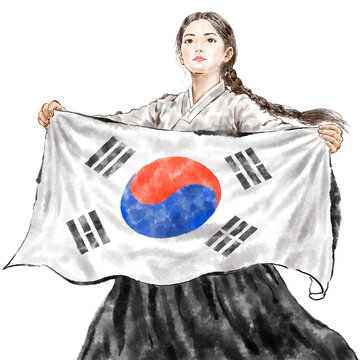 Illustration of a young Korean woman wearing hanbok celebrating Liberation Day with Taegeukgi, the national flag of the Republic of Korea