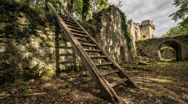 Broken Wooden Siege Ladder Leans Against Ancient Stone Ruins in Forest