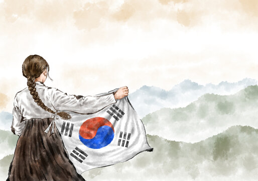 Illustration of a young Korean woman wearing hanbok celebrating Liberation Day with Taegeukgi, the national flag of the Republic of Korea