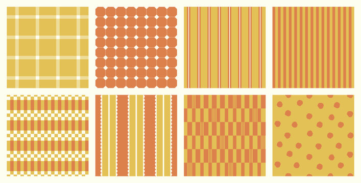Warm yellow and orange seamless pattern collection featuring plaid layouts striped repeats checker accents scalloped bands and playful dots for textile wallpaper packaging and surface design