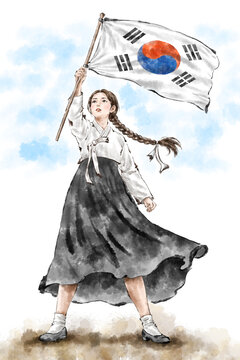 Illustration of a young Korean woman wearing hanbok celebrating Liberation Day with Taegeukgi, the national flag of the Republic of Korea