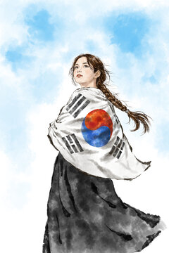 Illustration of a young Korean woman wearing hanbok celebrating Liberation Day with Taegeukgi, the national flag of the Republic of Korea