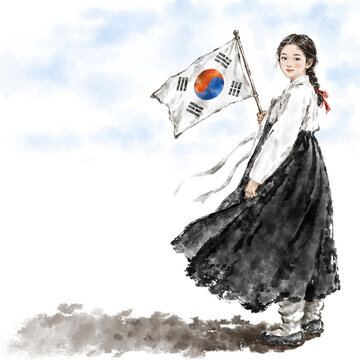 Illustration of a young Korean woman wearing hanbok celebrating Liberation Day with Taegeukgi, the national flag of the Republic of Korea