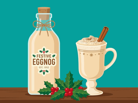 Festive Eggnog Bottle and Mug with Holly and Cinnamon Stick