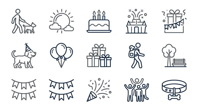 Birthday Party Icons Set: Dog, Cake, Gifts, Balloons, Celebration, Outdoors