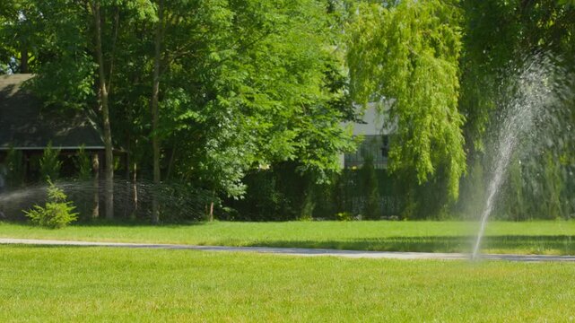 Yard sprinkler watering the green lawn beside a paved park path on a bright day.