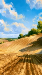 Fototapeta premium Golden Hour Landscape Watercolor Illustration of Peaceful Rural Hills and Fields
