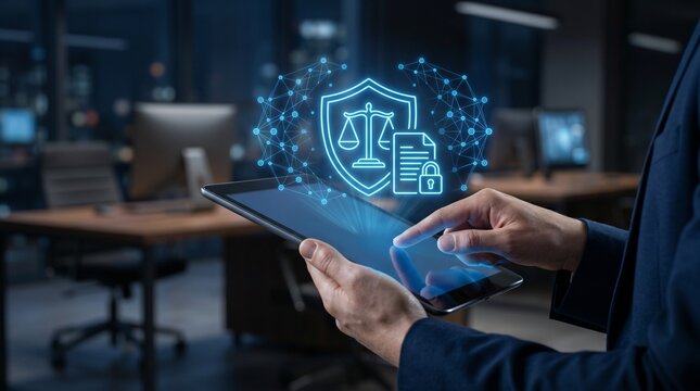 Businessman using tablet with holographic legal protection and compliance icon in modern office