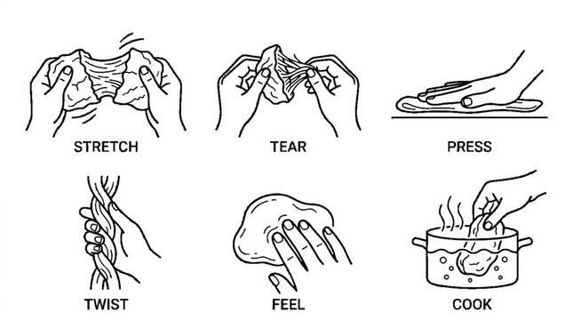 Hand drawn line art icons showing various cooking and dough preparation techniques.