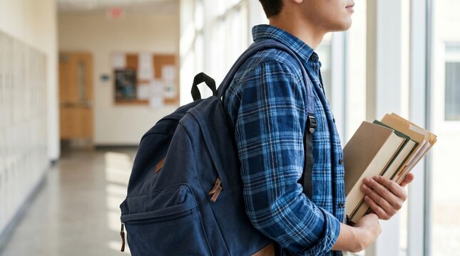 Close-up side view of a student carrying a modern blue backpack and holding books and folders while walking through a bright educational hallway. Academic lifestyle concept, back-to-school theme