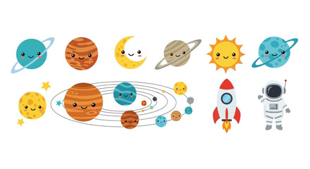 Cute solar system planets and space exploration characters set © santikajaya