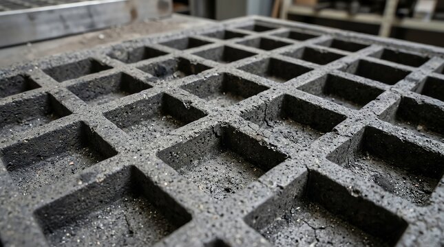 Close-up view of a concrete block with geometric cutouts and textured surface.