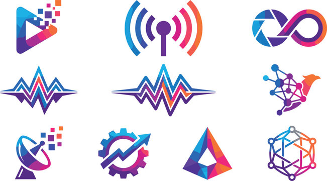 Abstract Technology Logo Collection with Digital Communication Symbols Wireless Network Icons Geometric Innovation Shapes and Modern Futuristic Branding Elements