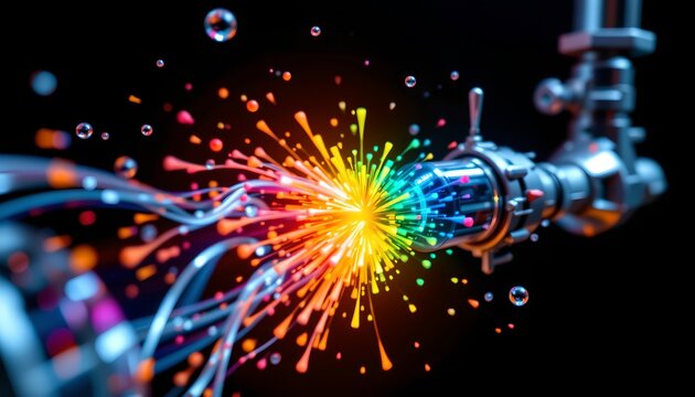 The image depicts a close up view of a high tech device or machine emitting a vibrant explosion of colorful particles and sparks at the point of contact