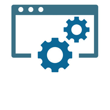 Web optimization concept featuring browser window icon and rotating gear symbol. Visual representation of performance improvement, system efficiency, and website management.