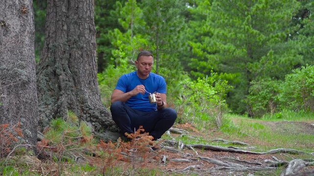 A focused male hiker in a blue t-shirt sitting on cedar roots and opening a tin can of food in the Altai forest.