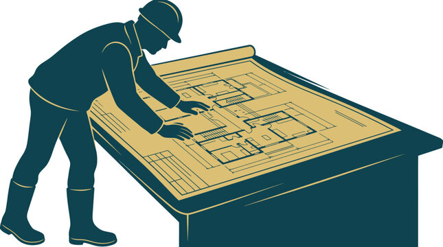 Architect Reviewing Blueprints Vector Illustration