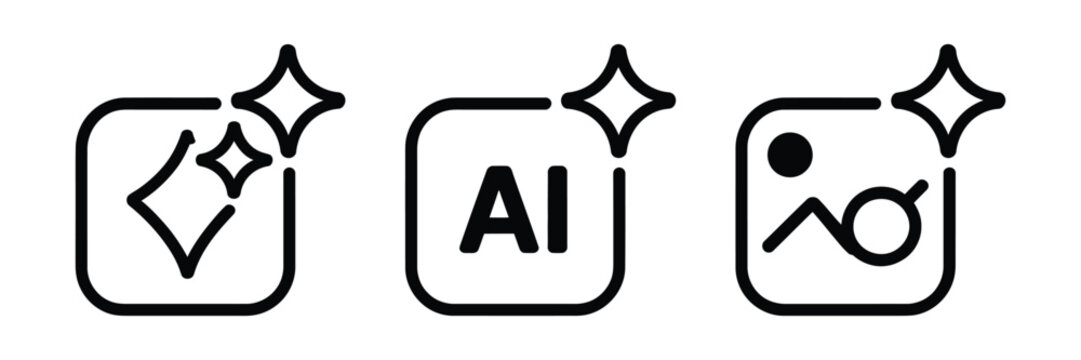 Ai icons, generated artificial intelligence symbols featuring star shapes, ai logotype, and shield protection icons for modern ui design