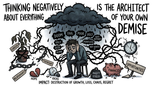 Man surrounded by chaotic thoughts and destruction of growth lies chaos regret