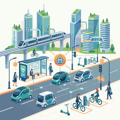Obraz premium Futuristic city street with electric vehicles, public transit, and cyclists in a sustainable urban environment