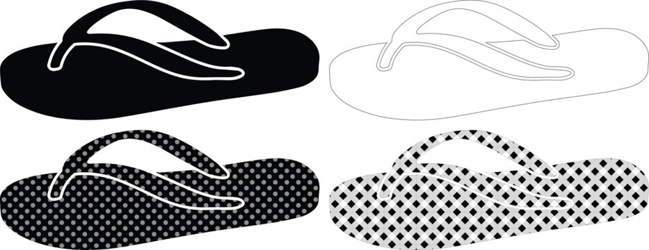 Minimalist flip flop icons set, black and white summer footwear silhouettes, 4 vector beach sandal elements with polka dot patterns