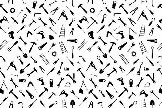 Dense pattern of black construction and diy tools scattered on a isolated on transparent background png