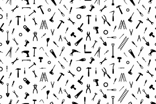 Repeating pattern of black construction and diy tools scattered isolated on transparent background png