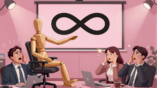 Wooden man presents infinity symbol, colleagues react with shock and fear.