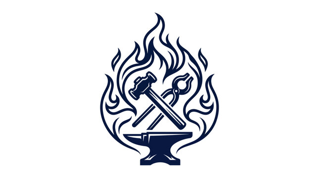 Blacksmith tools with anvil hammer and tongs in flames