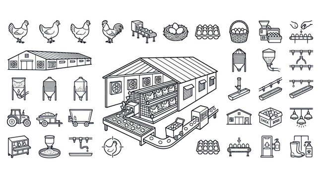Poultry farming and industrial egg production equipment icons