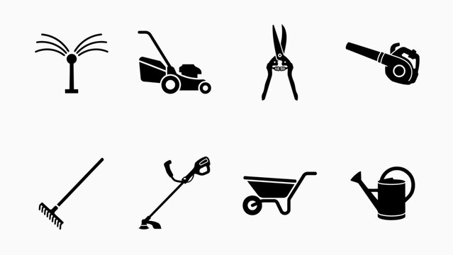 Collection of black silhouette for gardening tools and equipment isolated on transparent background png