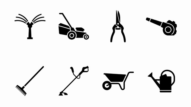 Collection of black silhouette representing garden tools and isolated on transparent background png