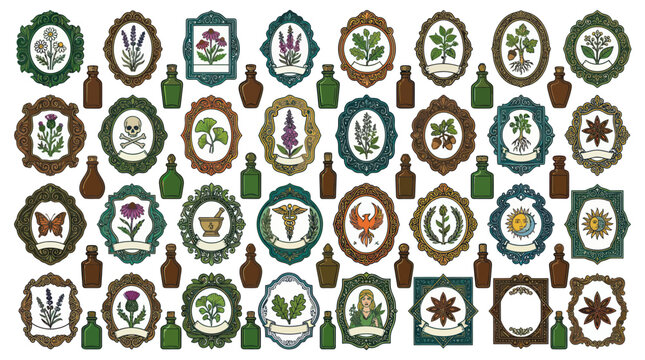 Vintage apothecary labels with medicinal herbs and potion bottles