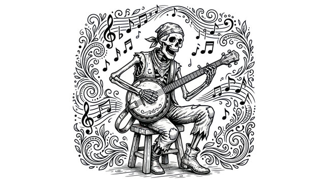 Skeleton musician playing banjo with flowing musical notes