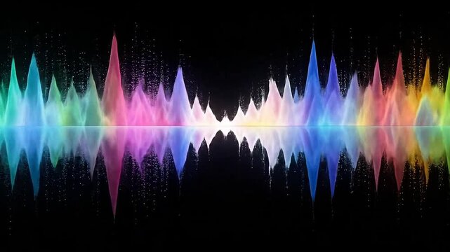 Vibrant rainbow audio wave visualization with symmetrical reflection on black background