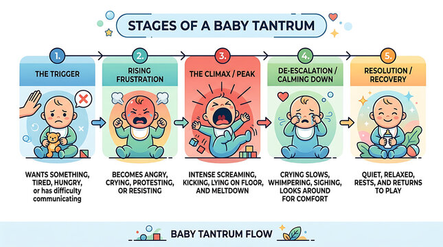 A baby experiences various emotional stages during a tantrum in a public place.