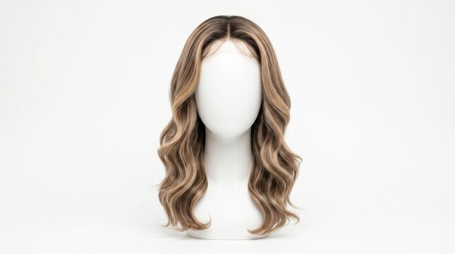 Elegant wavy brunette wig on a mannequin head.