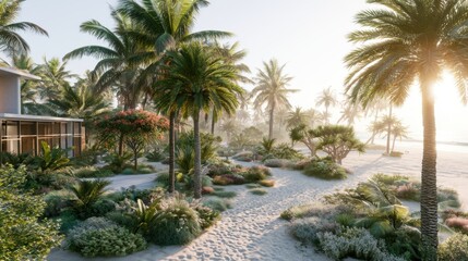 Fototapeta premium Tropical Paradise Oasis with Lush Gardens and Sandy Path