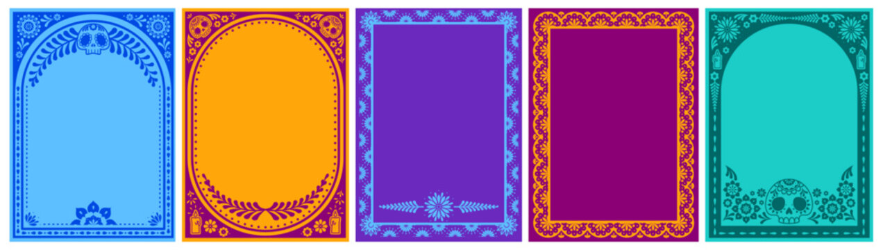 Mexican frames with vibrant floral pattern, latino folk motifs, vector posters, ethnic background. Colorful flower border design for Day of the Dead party cards, festive invites with skull, candles