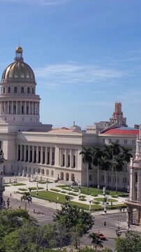 Aerial view of the historic Havana Capitol building with its golden dome and neoclassical architecture in La Habana, La Habana, Cuba.