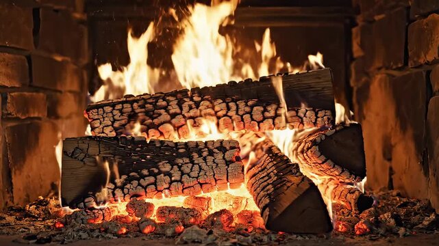 Wood burning in a stone fireplace