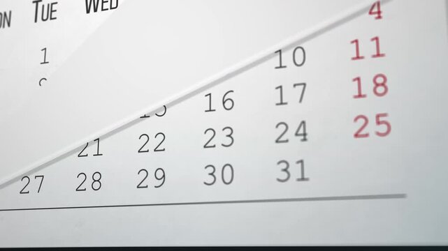 Close-up calendar dates rushing forward on a black background, fast time-lapse motion graphic showing speed, deadlines and fleeting time for tech and corporate promos